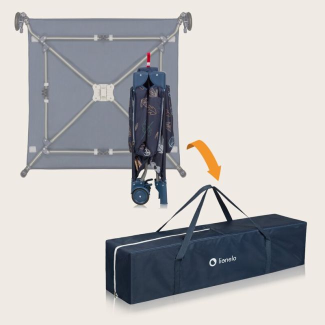 Tarc de joaca copii, Lionelo, Bonnie, Pana la 15 kg, 100 x 100 cm, Pliere compacta, Include geanta de transport, Din plasa, Cu intrare laterala cu fermoar, Cu roti, Cu salteluta din spuma, Conform cu EN12227, Albastru BYNLO-BONNIE_BLUE_NAVY