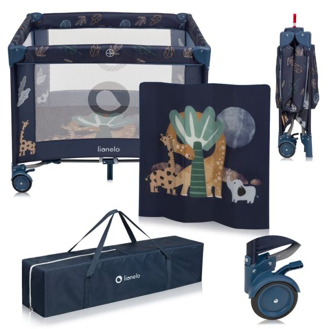 Tarc de joaca copii, Lionelo, Bonnie, Pana la 15 kg, 100 x 100 cm, Pliere compacta, Include geanta de transport, Din plasa, Cu intrare laterala cu fermoar, Cu roti, Cu salteluta din spuma, Conform cu EN12227, Albastru BYNLO-BONNIE_BLUE_NAVY