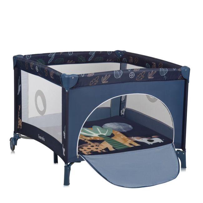 Tarc de joaca copii, Lionelo, Bonnie, Pana la 15 kg, 100 x 100 cm, Pliere compacta, Include geanta de transport, Din plasa, Cu intrare laterala cu fermoar, Cu roti, Cu salteluta din spuma, Conform cu EN12227, Albastru BYNLO-BONNIE_BLUE_NAVY