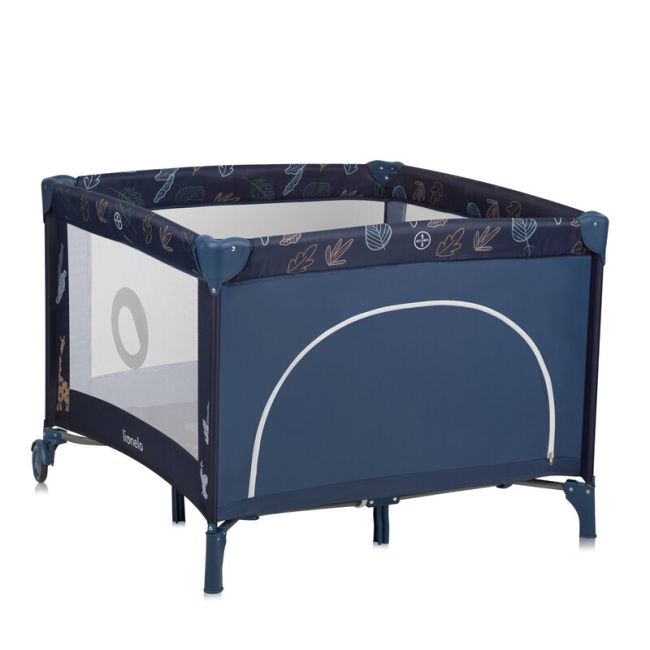 Tarc de joaca copii, Lionelo, Bonnie, Pana la 15 kg, 100 x 100 cm, Pliere compacta, Include geanta de transport, Din plasa, Cu intrare laterala cu fermoar, Cu roti, Cu salteluta din spuma, Conform cu EN12227, Albastru BYNLO-BONNIE_BLUE_NAVY