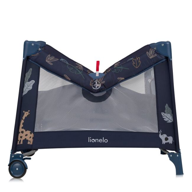Tarc de joaca copii, Lionelo, Bonnie, Pana la 15 kg, 100 x 100 cm, Pliere compacta, Include geanta de transport, Din plasa, Cu intrare laterala cu fermoar, Cu roti, Cu salteluta din spuma, Conform cu EN12227, Albastru BYNLO-BONNIE_BLUE_NAVY
