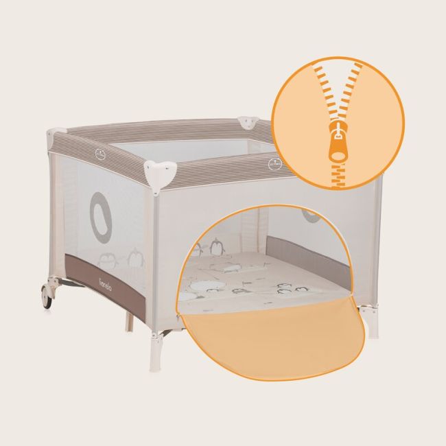 Tarc de joaca copii, Lionelo, Bonnie, Pana la 15 kg, 100 x 100 cm, Pliere compacta, Include geanta de transport, Din plasa, Cu intrare laterala cu fermoar, Cu roti, Cu salteluta din spuma, Conform cu EN12227, Bej BYNLO-BONNIE_BEIGE_SAND