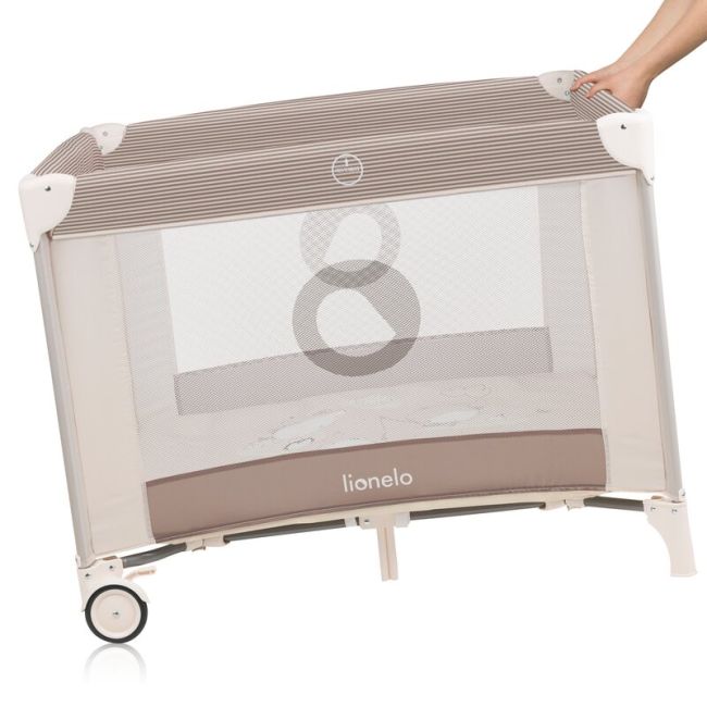 Tarc de joaca copii, Lionelo, Bonnie, Pana la 15 kg, 100 x 100 cm, Pliere compacta, Include geanta de transport, Din plasa, Cu intrare laterala cu fermoar, Cu roti, Cu salteluta din spuma, Conform cu EN12227, Bej BYNLO-BONNIE_BEIGE_SAND