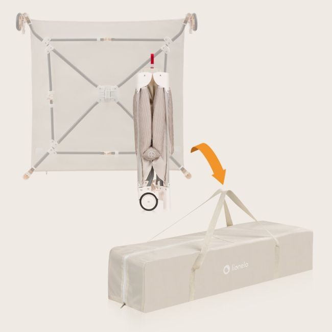 Tarc de joaca copii, Lionelo, Bonnie, Pana la 15 kg, 100 x 100 cm, Pliere compacta, Include geanta de transport, Din plasa, Cu intrare laterala cu fermoar, Cu roti, Cu salteluta din spuma, Conform cu EN12227, Bej BYNLO-BONNIE_BEIGE_SAND