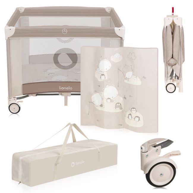 Tarc de joaca copii, Lionelo, Bonnie, Pana la 15 kg, 100 x 100 cm, Pliere compacta, Include geanta de transport, Din plasa, Cu intrare laterala cu fermoar, Cu roti, Cu salteluta din spuma, Conform cu EN12227, Bej BYNLO-BONNIE_BEIGE_SAND