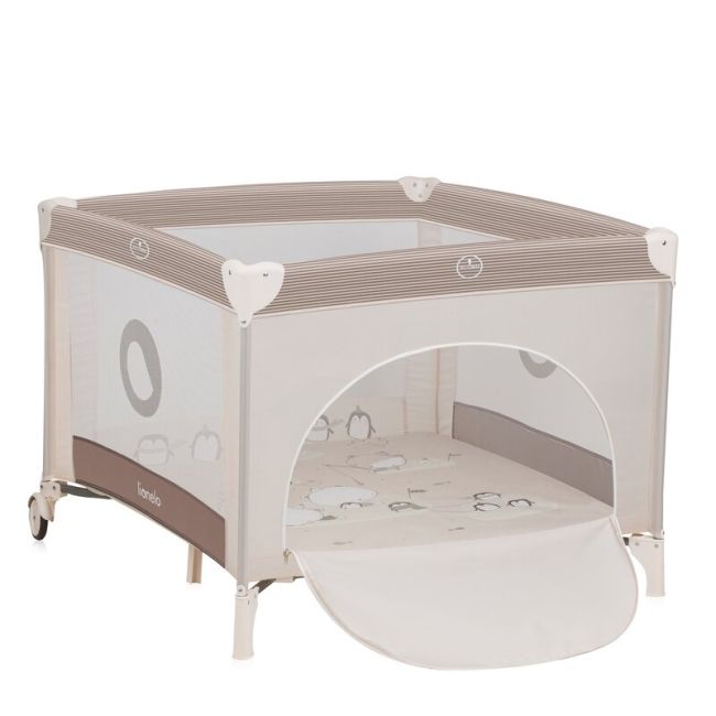 Tarc de joaca copii, Lionelo, Bonnie, Pana la 15 kg, 100 x 100 cm, Pliere compacta, Include geanta de transport, Din plasa, Cu intrare laterala cu fermoar, Cu roti, Cu salteluta din spuma, Conform cu EN12227, Bej BYNLO-BONNIE_BEIGE_SAND