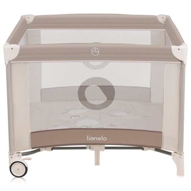 Tarc de joaca copii, Lionelo, Bonnie, Pana la 15 kg, 100 x 100 cm, Pliere compacta, Include geanta de transport, Din plasa, Cu intrare laterala cu fermoar, Cu roti, Cu salteluta din spuma, Conform cu EN12227, Bej BYNLO-BONNIE_BEIGE_SAND