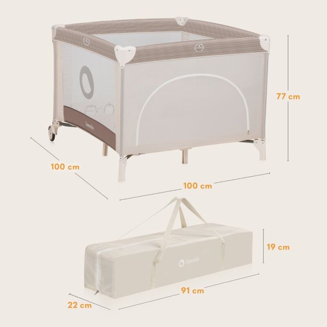 Tarc de joaca copii, Lionelo, Bonnie, Pana la 15 kg, 100 x 100 cm, Pliere compacta, Include geanta de transport, Din plasa, Cu intrare laterala cu fermoar, Cu roti, Cu salteluta din spuma, Conform cu EN12227, Bej BYNLO-BONNIE_BEIGE_SAND