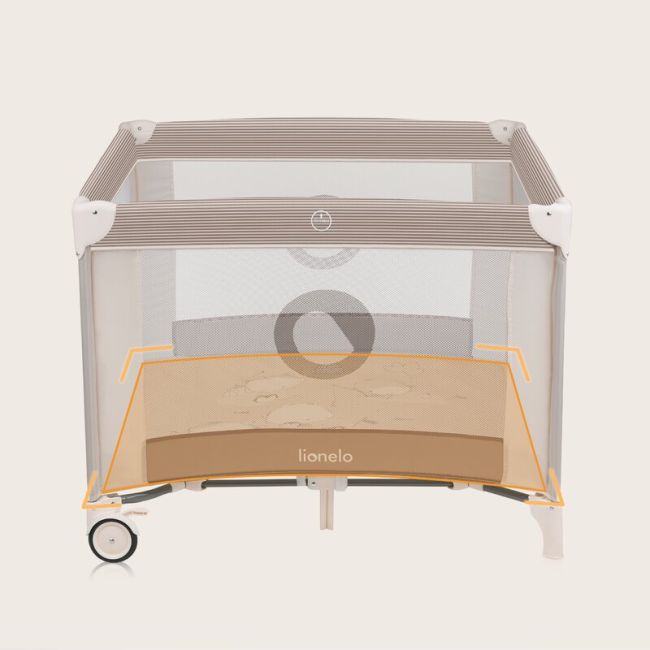 Tarc de joaca copii, Lionelo, Bonnie, Pana la 15 kg, 100 x 100 cm, Pliere compacta, Include geanta de transport, Din plasa, Cu intrare laterala cu fermoar, Cu roti, Cu salteluta din spuma, Conform cu EN12227, Bej BYNLO-BONNIE_BEIGE_SAND