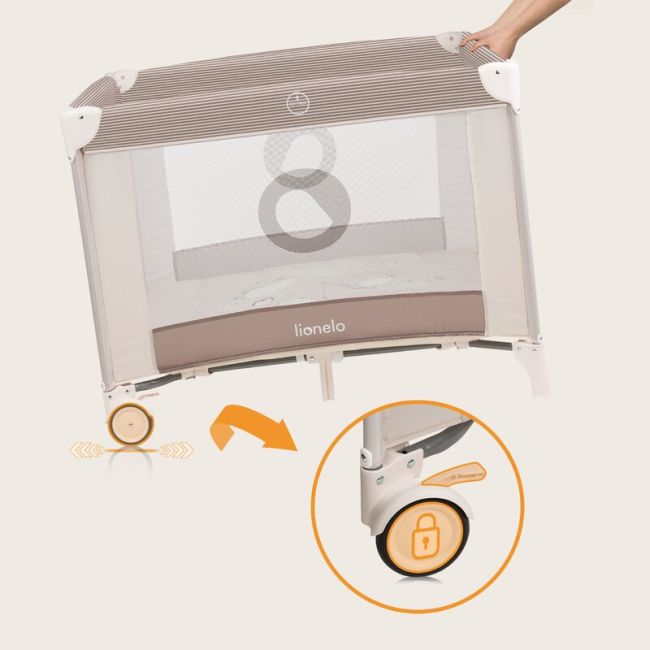 Tarc de joaca copii, Lionelo, Bonnie, Pana la 15 kg, 100 x 100 cm, Pliere compacta, Include geanta de transport, Din plasa, Cu intrare laterala cu fermoar, Cu roti, Cu salteluta din spuma, Conform cu EN12227, Bej BYNLO-BONNIE_BEIGE_SAND
