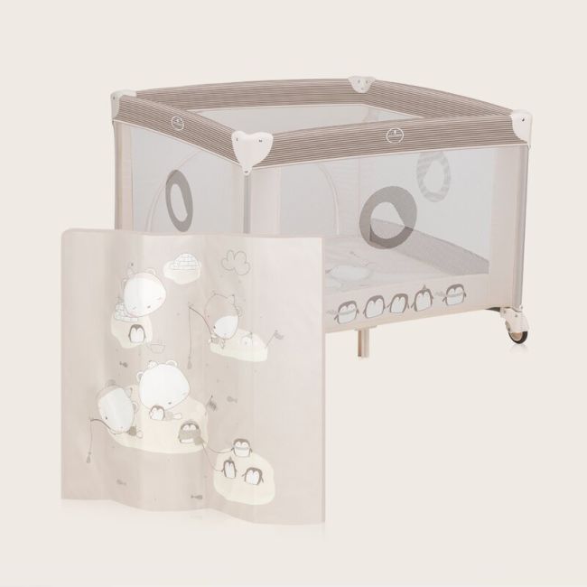 Tarc de joaca copii, Lionelo, Bonnie, Pana la 15 kg, 100 x 100 cm, Pliere compacta, Include geanta de transport, Din plasa, Cu intrare laterala cu fermoar, Cu roti, Cu salteluta din spuma, Conform cu EN12227, Bej BYNLO-BONNIE_BEIGE_SAND