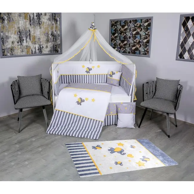 Set Lenjerie MyKids 11 piese Elephant gri-galben cu baldachin 120x60 cm + Covoras Mykids Carpet VP02 160x100 cm 00081947