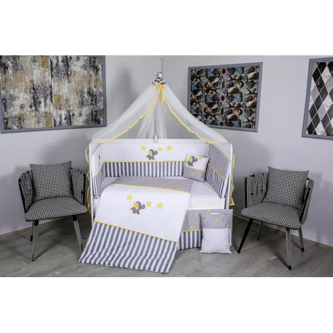 Set Lenjerie MyKids 11 piese Elephant gri-galben cu baldachin 120x60 cm + Covoras Mykids Carpet VP02 160x100 cm 00081947