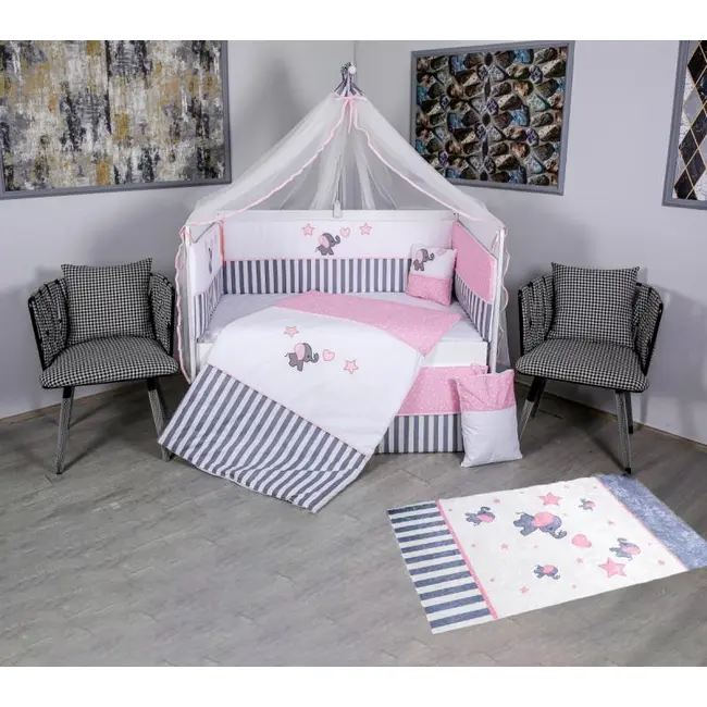 Set Lenjerie MyKids 9 piese Elephant gri-roz fara baldachin 120x60 cm + Covoras Mykids Carpet VP03 160x100 cm 00081948