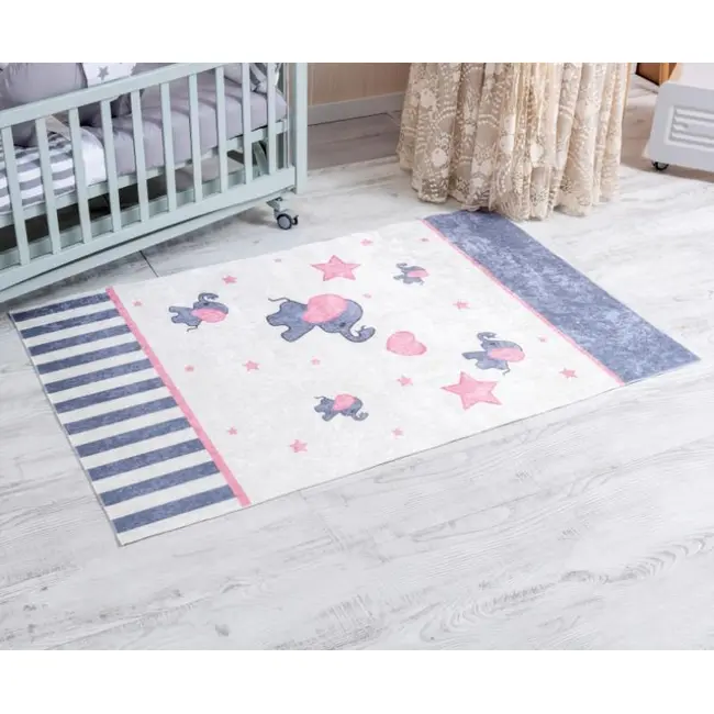 Set Lenjerie MyKids 9 piese Elephant gri-roz fara baldachin 120x60 cm + Covoras Mykids Carpet VP03 160x100 cm 00081948
