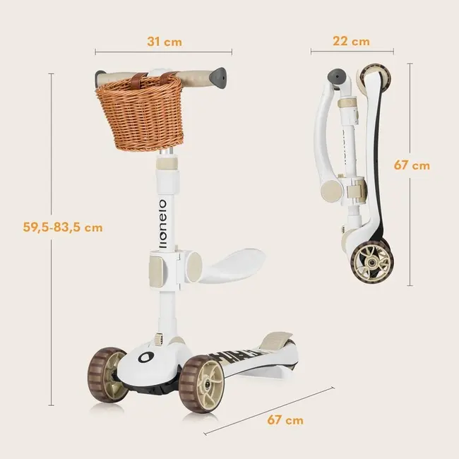 Trotineta, Lionelo, Franky, Multifunctionala, Pliabila, Pana la 50 kg, Bicicleta cu 3 roti si trotineta de echilibru, Ghidon reglabil, Sezut detasabil, Roti cu LED, Conform cu EN71, EN62115, 12 luni+, Bej BYNLO-FRANKY_BEIGE