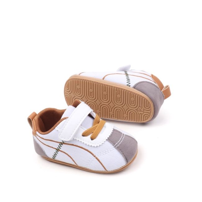 Pantofiori sport pentru bebelusi, albi cu insertii gri si maro chbxc4174-3-va5