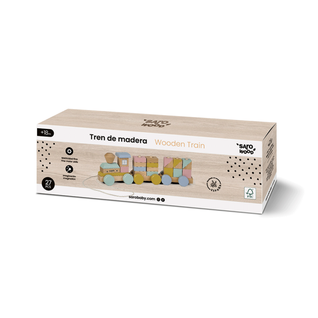 Jucarie Din Lemn, Trenulet Cu Forme De Construit, Multicolor, Saro Baby Pjb3341