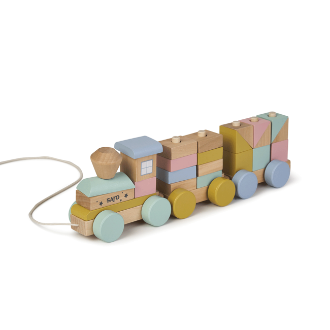 Jucarie Din Lemn, Trenulet Cu Forme De Construit, Multicolor, Saro Baby Pjb3341