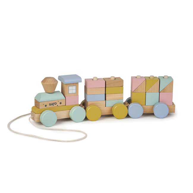Jucarie Din Lemn, Trenulet Cu Forme De Construit, Multicolor, Saro Baby Pjb3341