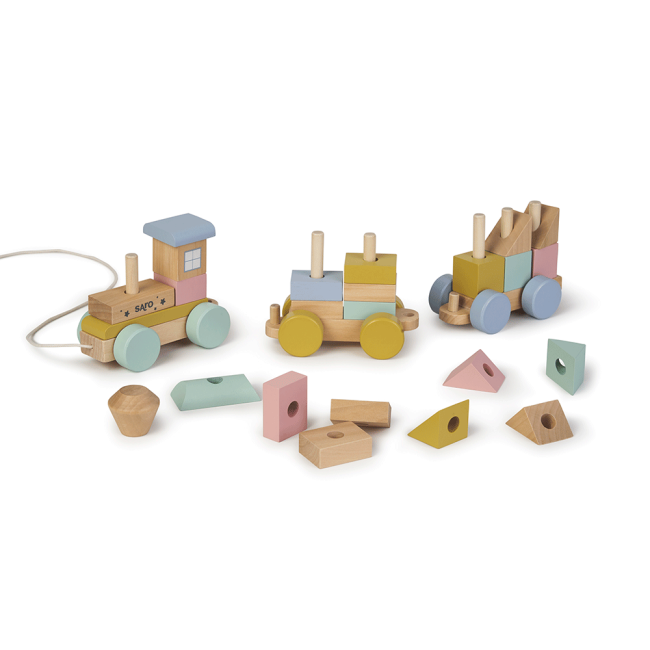 Jucarie Din Lemn, Trenulet Cu Forme De Construit, Multicolor, Saro Baby Pjb3341