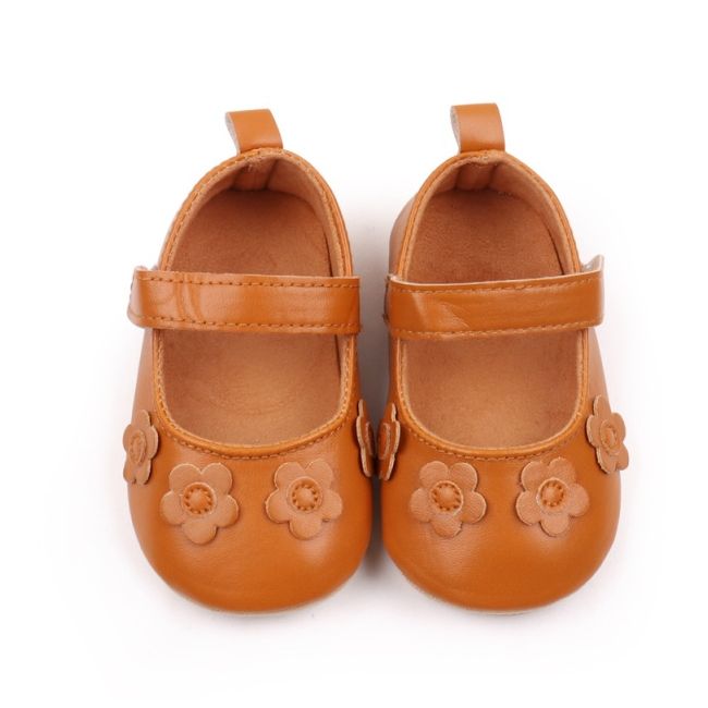Pantofiori bebelusi maro din piele ecologica cu flori aplicate csssj3157-3-va6