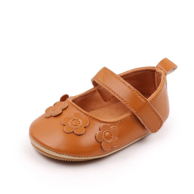 Pantofiori bebelusi maro din piele ecologica cu flori aplicate csssj3157-3-va6