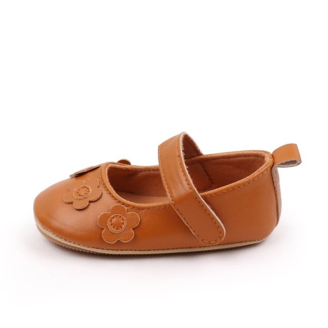 Pantofiori bebelusi maro din piele ecologica cu flori aplicate csssj3157-3-va6