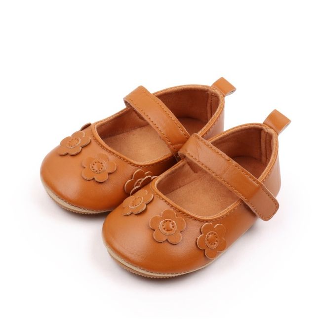 Pantofiori bebelusi maro din piele ecologica cu flori aplicate csssj3157-3-va6