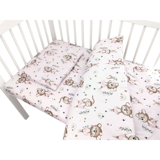 Lenjerie patut cu 3 piese, MimiNu, Cu cearceaf 120x60 cm, Pilota, Pernuta, Din bumbac certificat Oeko Tex Standard 100, Design, Little Ballerina Pink BYN6426972026338
