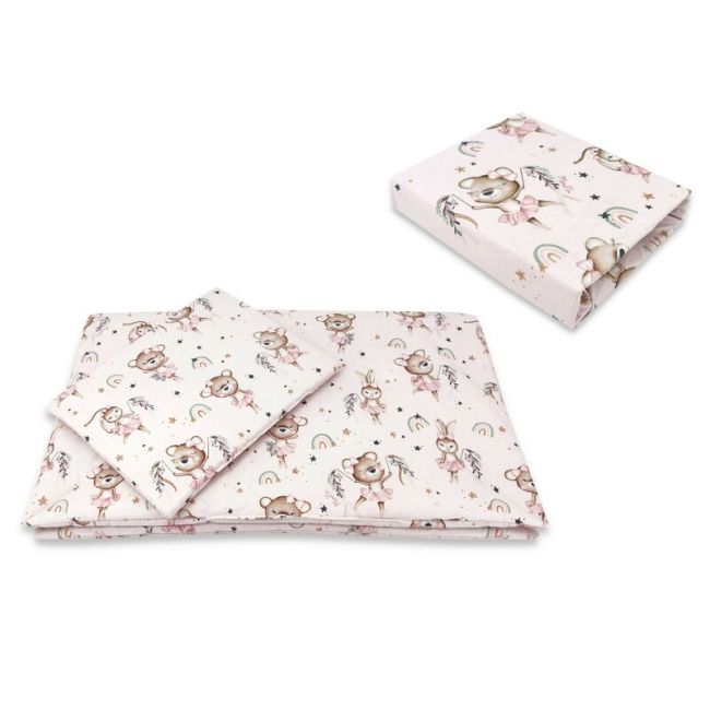 Lenjerie patut cu 3 piese, MimiNu, Cu cearceaf 120x60 cm, Pilota, Pernuta, Din bumbac certificat Oeko Tex Standard 100, Design, Little Ballerina Pink BYN6426972026338