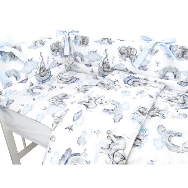 Lenjerie patut 3 piese, Qmini, Pentru patut 120x60 cm, Cu protectie laterala, Din bumbac certificat Oeko Tex Standard 100, Elephants on Rainbow Blue BYN6426972026352