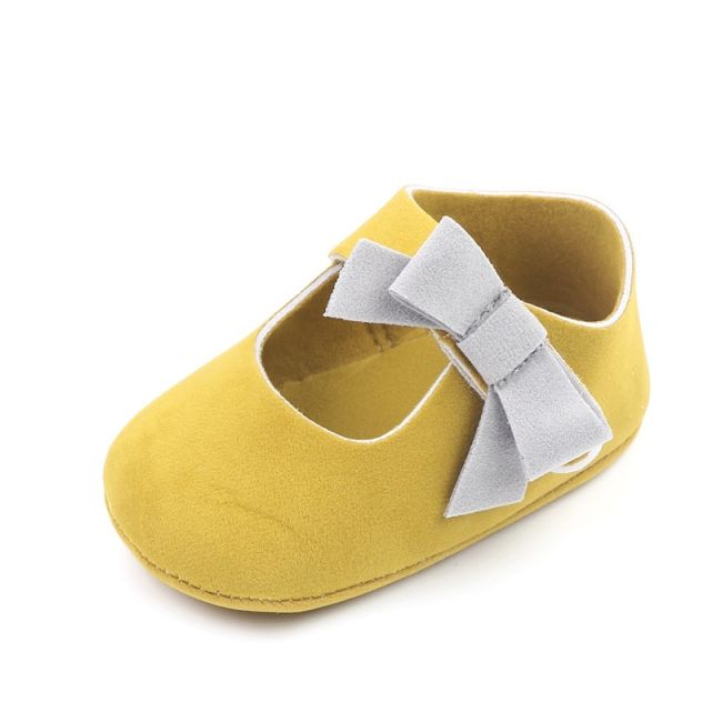 Pantofi pentru bebelusi, galben mustar cu fundita gri chd2749-1-va10