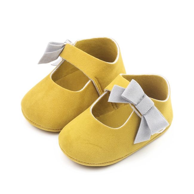 Pantofi pentru bebelusi, galben mustar cu fundita gri chd2749-1-va10