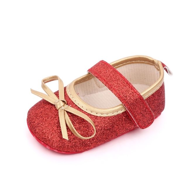 Pantofiori bebelusi rosii cu sclipici si fundita aurie chd2569-2-va6
