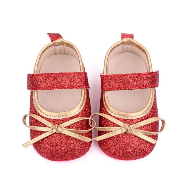 Pantofiori bebelusi rosii cu sclipici si fundita aurie chd2569-2-va6