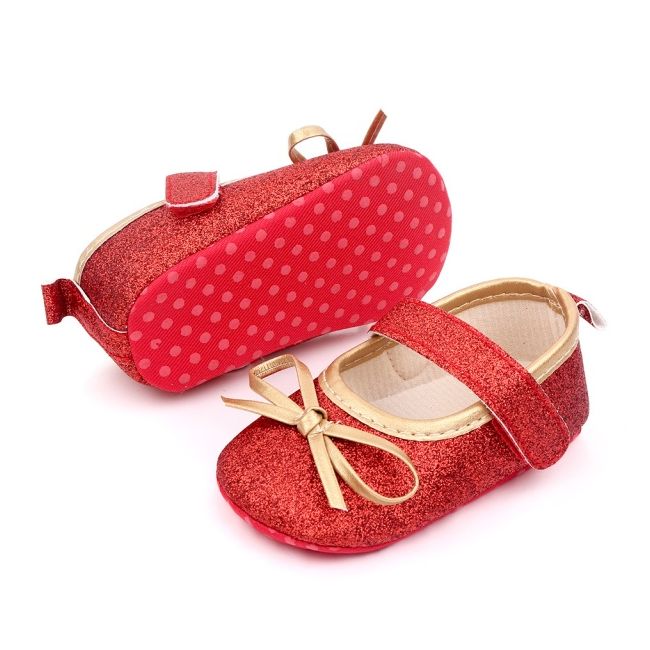 Pantofiori bebelusi rosii cu sclipici si fundita aurie chd2569-2-va6
