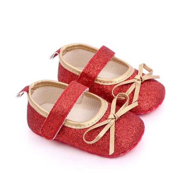 Pantofiori bebelusi rosii cu sclipici si fundita aurie chd2569-2-va6