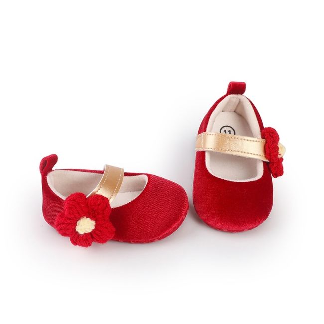 Pantofiori rosii din catifea cu floricica aplicata ch2226-1-va10
