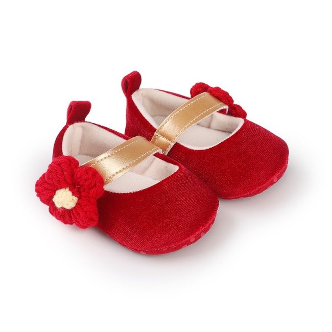 Pantofiori rosii din catifea cu floricica aplicata ch2226-1-va10