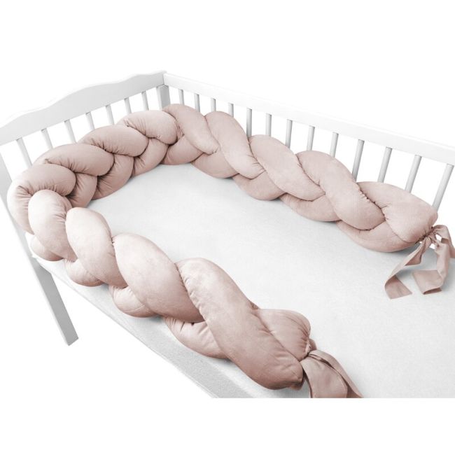 Protectie laterala, MimiNu, Pentru patut, Tip Bumper impletit, Din catifea, 220x23 cm, Beige Pink BYN6426972026451