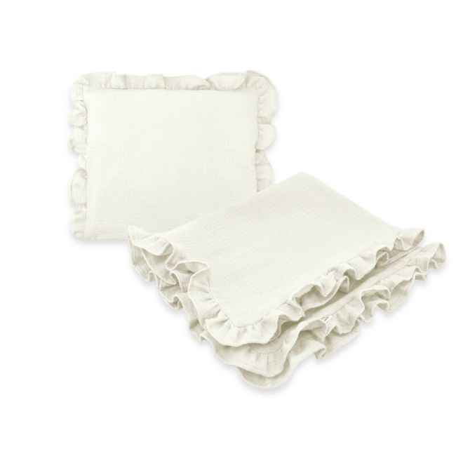 Set paturica si perna, MimiNu, Cu fata de perna inclusa Din muselina bumbac certificat Oeko Tex Standard 100, Perna 30x35cm, Paturica 60x70cm, Cu volane, Cream BYN6426972026505