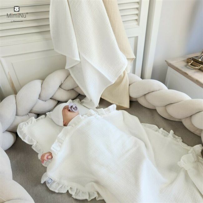 Set paturica si perna, MimiNu, Cu fata de perna inclusa Din muselina bumbac certificat Oeko Tex Standard 100, Perna 30x35cm, Paturica 60x70cm, Cu volane, Cream BYN6426972026505