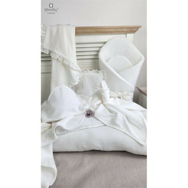 Set paturica si perna, MimiNu, Cu fata de perna inclusa Din muselina bumbac certificat Oeko Tex Standard 100, Perna 30x35cm, Paturica 60x70cm, Cu volane, Cream BYN6426972026505