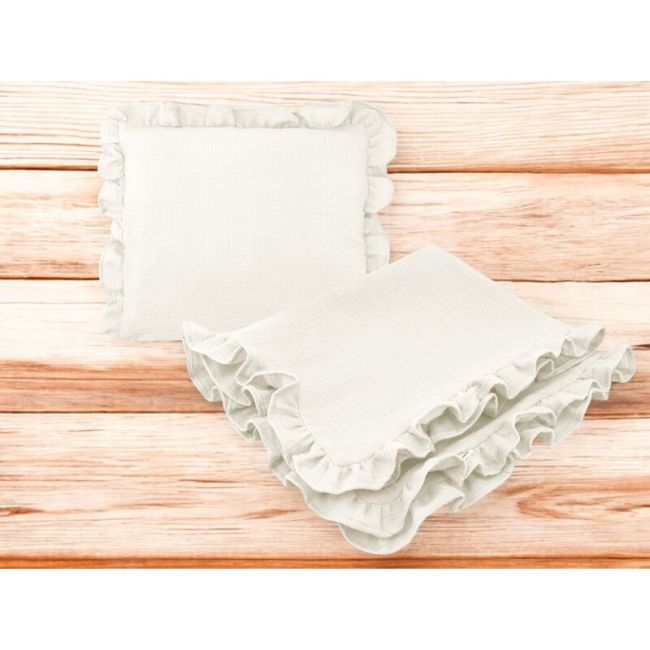 Set paturica si perna, MimiNu, Cu fata de perna inclusa Din muselina bumbac certificat Oeko Tex Standard 100, Perna 30x35cm, Paturica 60x70cm, Cu volane, Cream BYN6426972026505