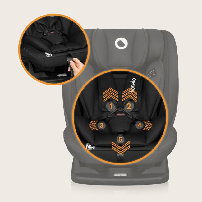 Scaun auto, Lionelo, i-Size Izzy, 0-36 Kg, 40-150 cm, Instalare cu centurile masinii, Protectie laterala, Ajustare spatar in 3 pozitii, Tetiera reglabila in 13 trepte, Conform cu R129, Negru BYNLO-IZZY_I-SIZE_BLACK_CARBON