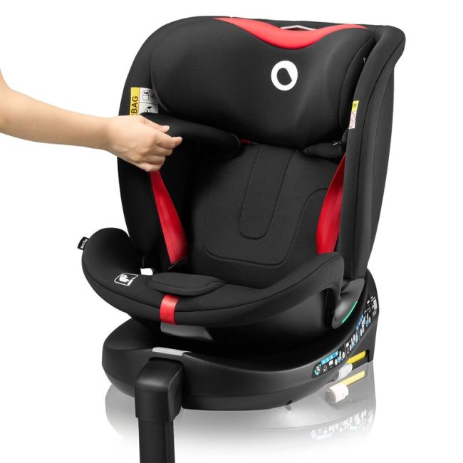 Scaun auto, Lionelo, i-Size Navy, 0-36 Kg, 40-150 cm, Cu isofix si picior de fixare, Protectie laterala, Rotire 360 grade, Ajustare spatar in 4 pozitii, Tetiera reglabila in 11 trepte, Conform cu R129, Negru/Rosu BYNLO-NAVY_I-SIZE_BLACK_RED