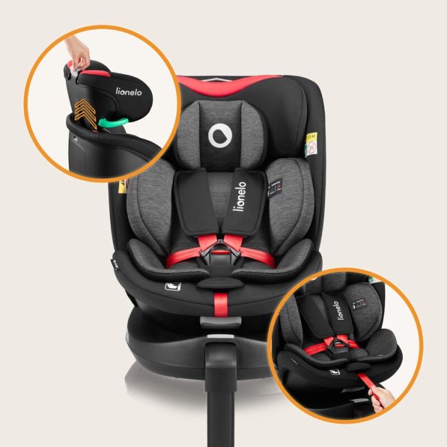 Scaun auto, Lionelo, i-Size Navy, 0-36 Kg, 40-150 cm, Cu isofix si picior de fixare, Protectie laterala, Rotire 360 grade, Ajustare spatar in 4 pozitii, Tetiera reglabila in 11 trepte, Conform cu R129, Negru/Rosu BYNLO-NAVY_I-SIZE_BLACK_RED