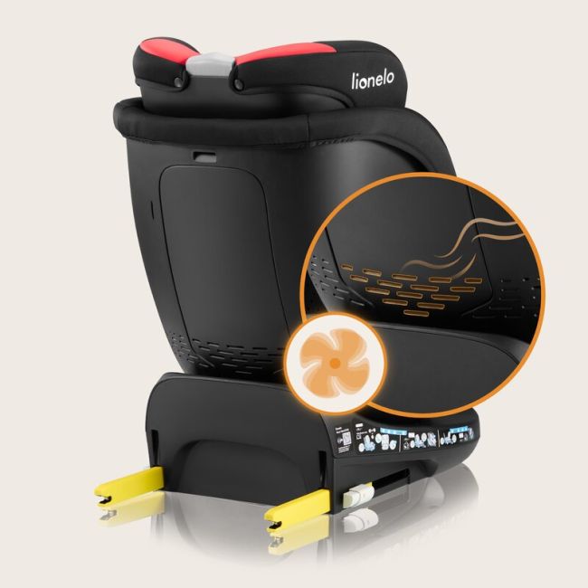 Scaun auto, Lionelo, i-Size Navy, 0-36 Kg, 40-150 cm, Cu isofix si picior de fixare, Protectie laterala, Rotire 360 grade, Ajustare spatar in 4 pozitii, Tetiera reglabila in 11 trepte, Conform cu R129, Negru/Rosu BYNLO-NAVY_I-SIZE_BLACK_RED