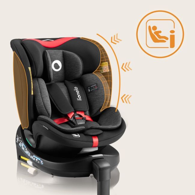 Scaun auto, Lionelo, i-Size Navy, 0-36 Kg, 40-150 cm, Cu isofix si picior de fixare, Protectie laterala, Rotire 360 grade, Ajustare spatar in 4 pozitii, Tetiera reglabila in 11 trepte, Conform cu R129, Negru/Rosu BYNLO-NAVY_I-SIZE_BLACK_RED